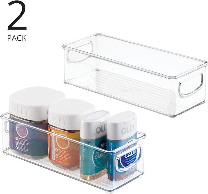 mDesign Plastic Bathroom Storage Container Bins w/ Handles - Closet, Cabinet, Vanity, Cupboard Shelf Organization, Hair Tools Accessory Organizer - Ligne Collection; Clear, 10x4x3 (Pack of 2)
