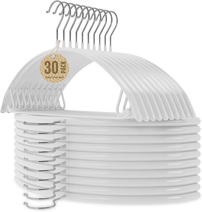 Jiang&Rong 30 Pack 16 Inch Rubber-Coated Non-Slip Metal Hangers - Heavy Duty No Bump Closet Hangers for Coats, Shirts, Suits, Sweaters (30-Pack, White)