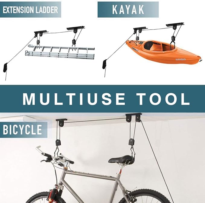 Ihomepark Bike Hoist for Garage Ceiling Storage, Heavy Duty Bicycle Lift Mountain Bicycle Hanging Rack with 3 Pulley and 45 ft Adjustable Rope | 100 lb Capacity