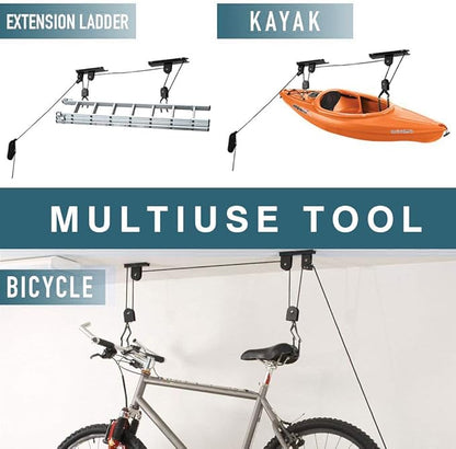 Ihomepark Bike Hoist for Garage Ceiling Storage, Heavy Duty Bicycle Lift Mountain Bicycle Hanging Rack with 3 Pulley and 45 ft Adjustable Rope | 100 lb Capacity