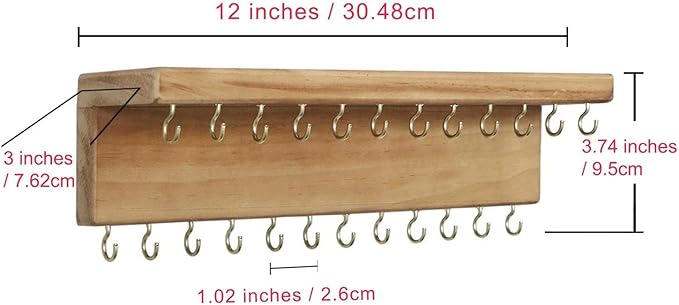 SANY DAYO HOME Jewelry Organizer with 24 Hooks and Cosmetics Shelf, 12 x 3 x 4 inches Wall Mounted Rustic Pine Wood Holder for Necklaces and Bracelets, Suitable for Kids and Adults (Brown)