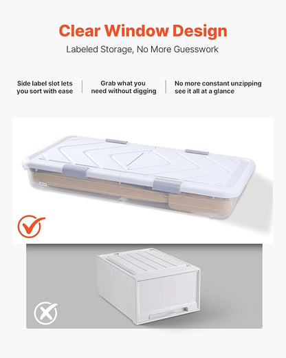 VEVOR Under Bed Storage with Wheels, 39.8 x 20.1 x 5.9 inch Underbed Containers, Underbed Shoes Organizer with Lid & Gray Latch, Rolling Under the Bed Storage Bins for Clothes Shoes Blankets, 2 Pack