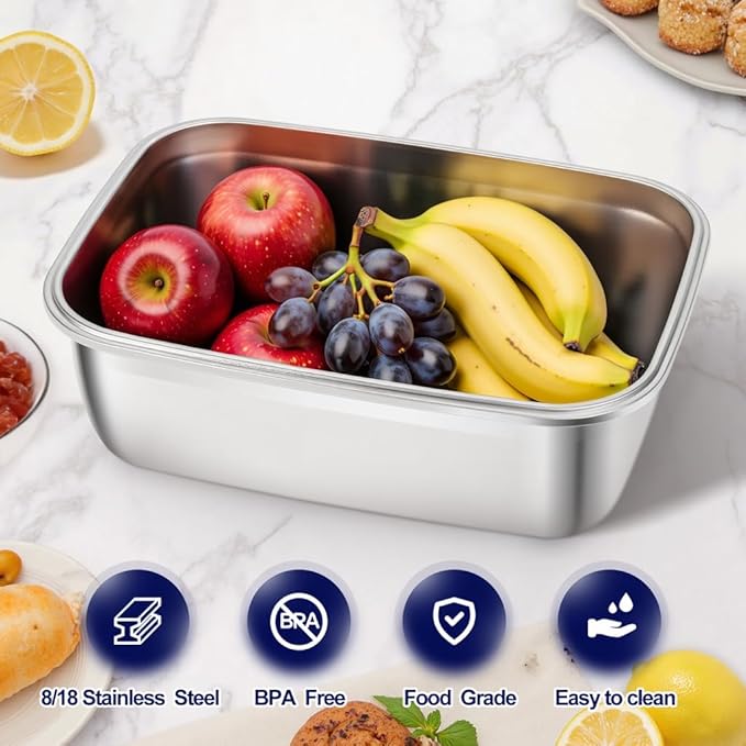 QCQHDU Stainless Steel Food Storage Containers, 3800 ML/ 129 oz / 16 Cup Large Food Storage Meal Prep Containers with Airtight Lids for Roasting Turkey, Chicken, Baking Casserole, Fruits, Party