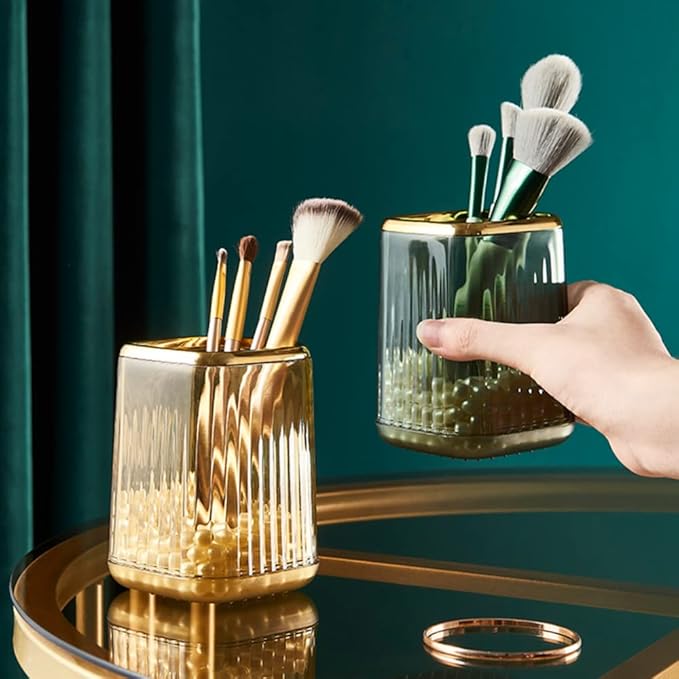 Makeup Brush Cup Holder Organizer for Vanity, Acrylic Vintage Green Make Up Brushes Holders Container Storage with Striped Design for Bathroom Countertop, Cute Pen Pencil Holder Cosmetic Cup for Desk