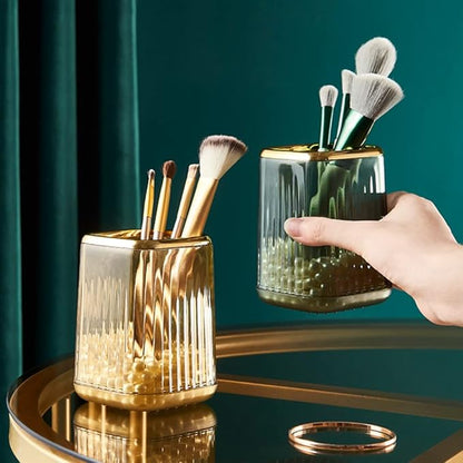 Makeup Brush Cup Holder Organizer for Vanity, Acrylic Vintage Green Make Up Brushes Holders Container Storage with Striped Design for Bathroom Countertop, Cute Pen Pencil Holder Cosmetic Cup for Desk