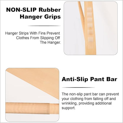 10 Pack Ergonomic Design Wooden Hangers with 360° Swivel Hook, Suit Hanger with Non Slip Pants Bar, Solid Wood Coat Hangers for Dress, Jacket, Pants, Heavy Clothes