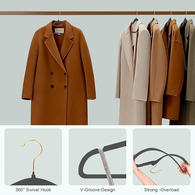 36 Packs Velvet Clothes Hangers, 17.3 Inches Non-Slip Skirt Hangers, Sturdy Dresses Hangers with Shoulder Notches, Space Saving Clothing Hangers for Adults, Dark Gray with Gold Hook