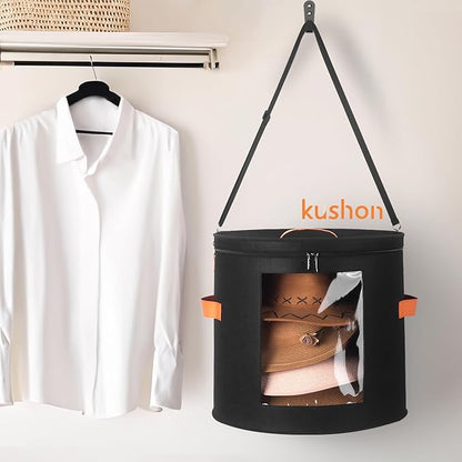 kushon Oversized Hat Storage Box for Women & Men，19" D x 17" H Cowboy Hat Boxes with 1 Wood Hook Felt travel Round Hat Organizer Box with Dustproof Lid (Black)