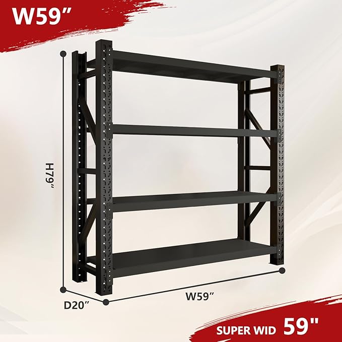 60" W Garage Shelving Heavy Duty, 5000lbs 4-Tier Metal Adjustable Garage Shelves, Storage Shelves for Warehouse, Pantry, Basement, 60" W X 20" D X 79" H (Black, 60x20x79)