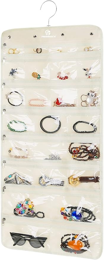 Hanging Jewelry Organizer with 50 Transparent Pockets, 360° Rotating Hanger & Secure Zipper Closure - Foldable Double Sided Jewelry Storage Bag for Earrings, Rings, Necklaces, Bracelets (Beige)