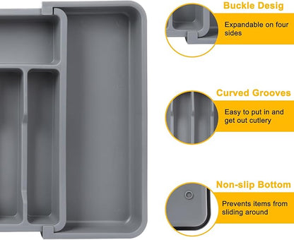 Houseware Expandable Kitchen Drawer Flatware Organizer,Silverware Organizer Utensil Drawer Cutlery Tray, Grey
