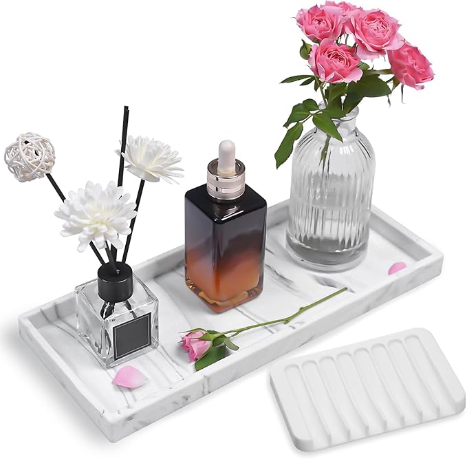 Bloss Bathroom Vanity Tray with Soap Dish Holder - 11.8" Silicone Counter Trays for Soap Dispenser, Perfume, Jewelry, Candle, Makeup, Decor, Toilet Tank Tray, Kitchen Tray for Spice, Salt, Coffee