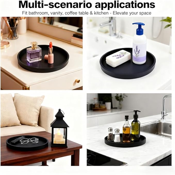 Silicone Bathroom Tray - 9-Inch Round Vanity Tray, Suitable for Candles, Perfumes, Soap Dispensers Black
