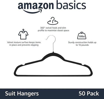 Amazon Basics Slim Velvet Non-Slip Space Saving Suit Clothes Hangers, Closet Organizer, Black, 50-Pack