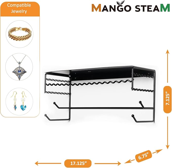 Mango Steam Black 17" Wall Mount Jewelry & Accessory Storage Rack Organizer Shelf for Earrings, Bracelets, Necklaces, & Hair Accessories