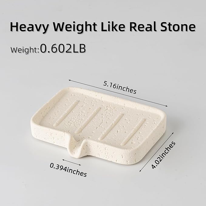 Soap Dish Self Draining Bar Soap Holder Travertine Stone Look Sponge Holders Tray for Shower Bathroom Kitchen Bathtub,Perfect for Dispenser,Scrubber,Bottle,Cup on Sink or Counter (White)