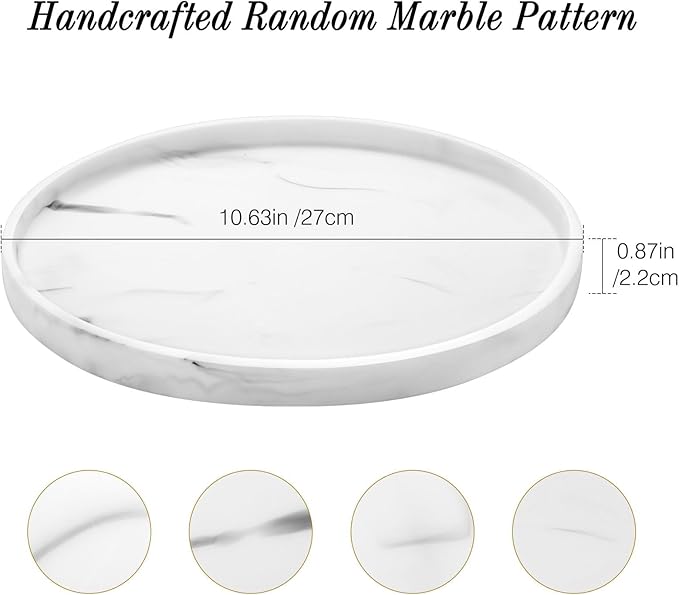 Luxspire Round Vanity Tray, 10.63 Inch Bathroom Vanity Tray Resin Kitchen Tray, Countertop Organizer Tray for Perfume Dresser Jewelry Candle, Coffee Table Decorative Tray, Marble White