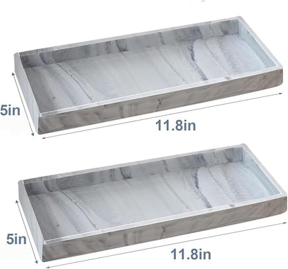 2PCS 11.8” L x 5” W Silicone Soap Dispenser Tray, Bathroom Sink Vanity Trays for Dresser Tops, Toilet, Small Tray for Scrubber, Lotion Bottles, Perfume, Jewelry, Candle, Key Trinket Ring-White Marble