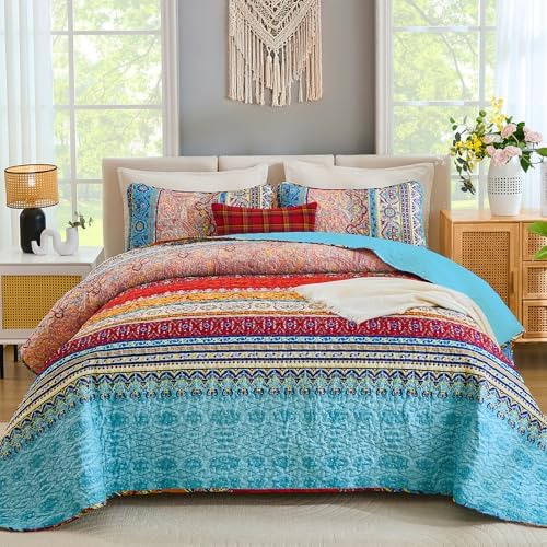 WONGS BEDDING Blue Quilt King Size, Boho Stripe Bedding Set by WONGSBEDDING