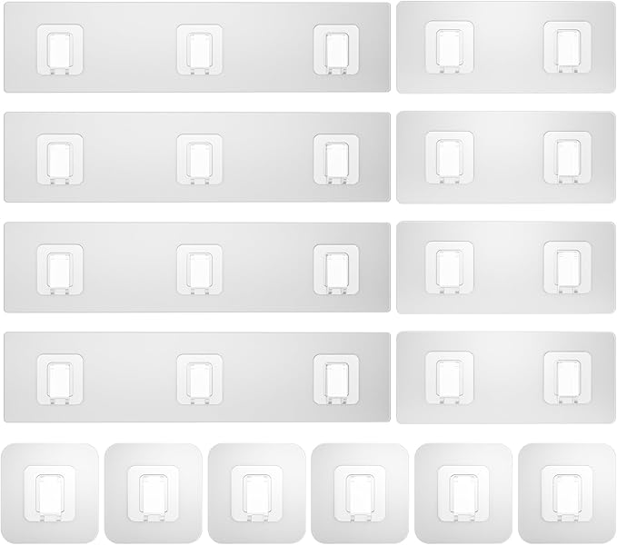 14 Pack Shower Caddy Adhesive Replacement, Waterproof Shower Shelf Adhesive Strips, Strong Adhesive Flat Hooks for Bathroom Storage Shelves and Kitchen Racks No Drilling, Clear