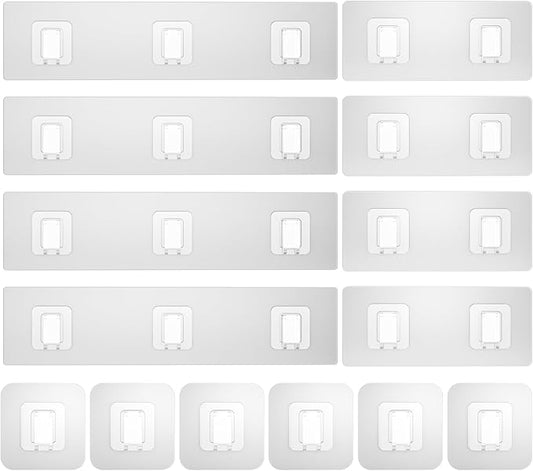 14 Pack Shower Caddy Adhesive Replacement, Waterproof Shower Shelf Adhesive Strips, Strong Adhesive Flat Hooks for Bathroom Storage Shelves and Kitchen Racks No Drilling, Clear