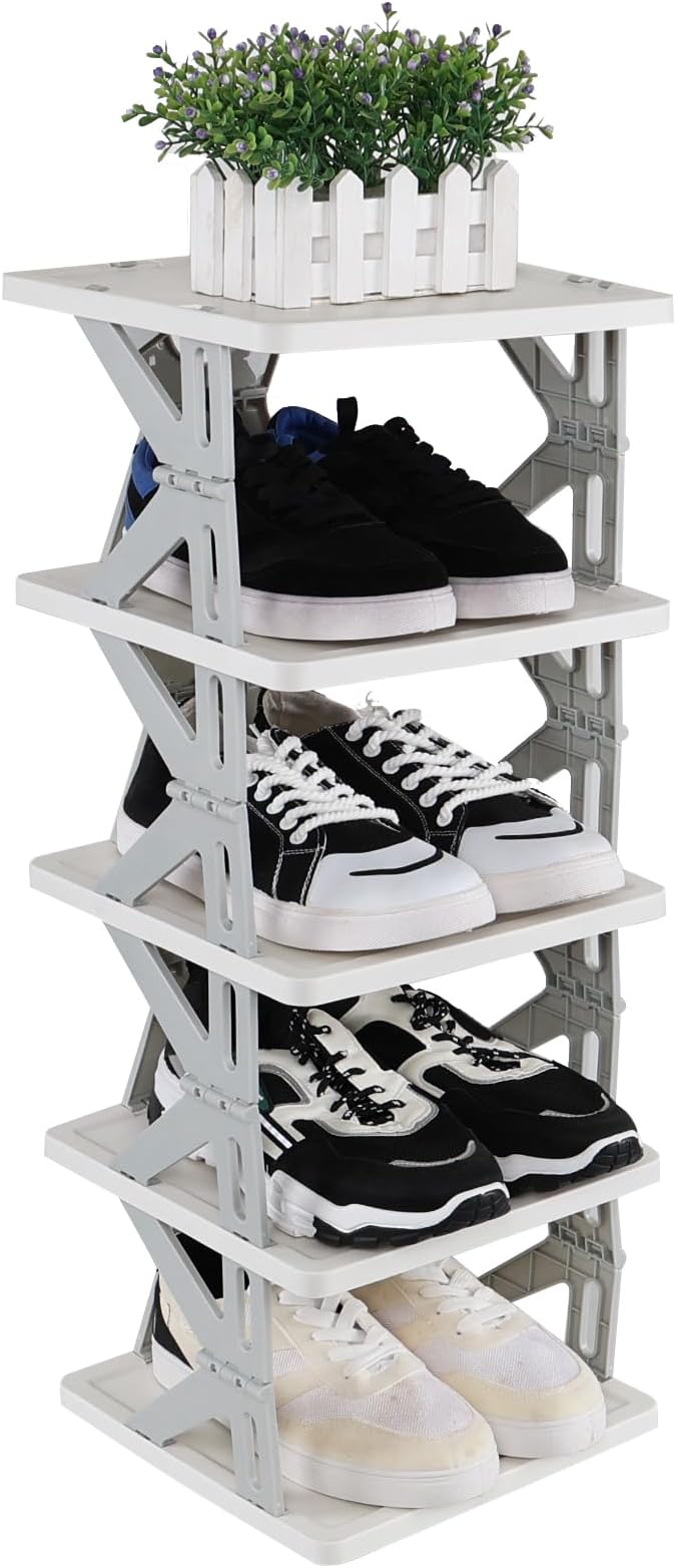 5-Tier Plastic Collapsible Shoe Rack, Small Vertical Shoe Organizer, Gray
