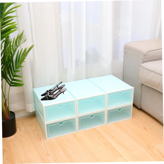 MAGICLULU 6pcs Stackable Thickened Plastic Shoes Storage Boxes with White Frame Blue Lid for Women, Sturdy Shoe Organizer for Closet and Travel Storage