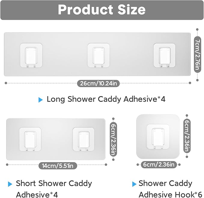 14 Pack Shower Caddy Adhesive Replacement, Waterproof Shower Shelf Adhesive Strips, Strong Adhesive Flat Hooks for Bathroom Storage Shelves and Kitchen Racks No Drilling, Clear