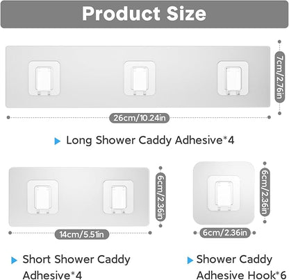 14 Pack Shower Caddy Adhesive Replacement, Waterproof Shower Shelf Adhesive Strips, Strong Adhesive Flat Hooks for Bathroom Storage Shelves and Kitchen Racks No Drilling, Clear