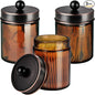 Amber Glass Qtip Holder, Apothecary Jars with ORB Metal Lid & Stickers-Bathroom Qtip Dispenser Storage Organizer Set,Vanity Counter Canister for Cotton Swabs,Round Pads,Floss (3 Pack,ORB)