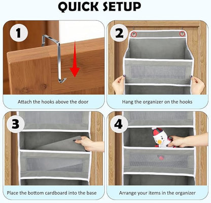 Over The Door Storage Organizer with 5 Extra Large Pockets & Side Mesh Pouches, Hanging Closet Door Organizer for Bedroom, Baby Nursery Storage, Anti-Tilt Design, Fits 1.6" Doors-Gray