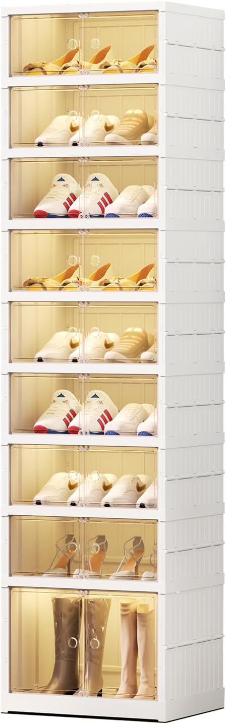 EHAMILY 9 Tier Foldable Shoe Rack Organizer for Closet 18-36Pairs Plastic Collapsible Shoe Racks Shelf Stackable Clear Folding Shoes Storage boxes for Small Spaces Narrow Shoe Storage Cabinet