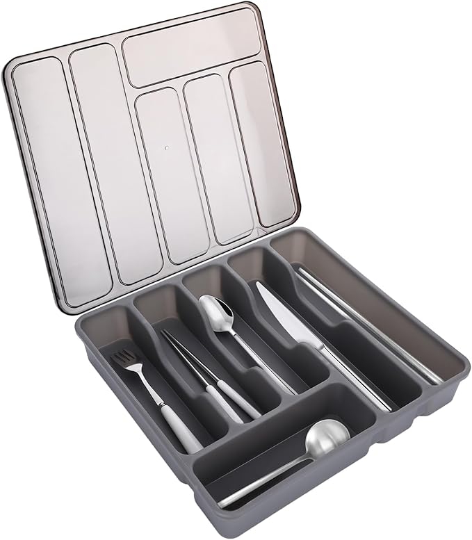 Silverware Organizer with Lid,Plastic Utensil Drawer Organizer,Covered Storage Box Flatware Cutlery Drawer Organizer,Utensil Organizer for Kitchen Drawers,Silverware Tray (Gray)