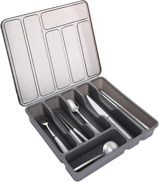 Silverware Organizer with Lid,Plastic Utensil Drawer Organizer,Covered Storage Box Flatware Cutlery Drawer Organizer,Utensil Organizer for Kitchen Drawers,Silverware Tray (Gray)
