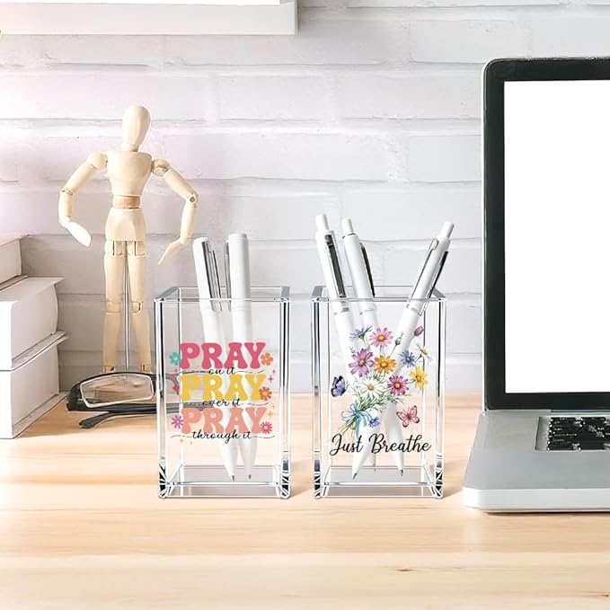 Just breathe 2 Pack Acrylic Cosmetic Pencil Pen Holder Cup, Hope Inspirational Makeup Brush Organizer Holder, Women Faith Gifts, Christian Encouragement Gifts for Women Mom Daughter Teacher