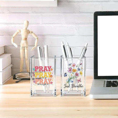Just breathe 2 Pack Acrylic Cosmetic Pencil Pen Holder Cup, Hope Inspirational Makeup Brush Organizer Holder, Women Faith Gifts, Christian Encouragement Gifts for Women Mom Daughter Teacher