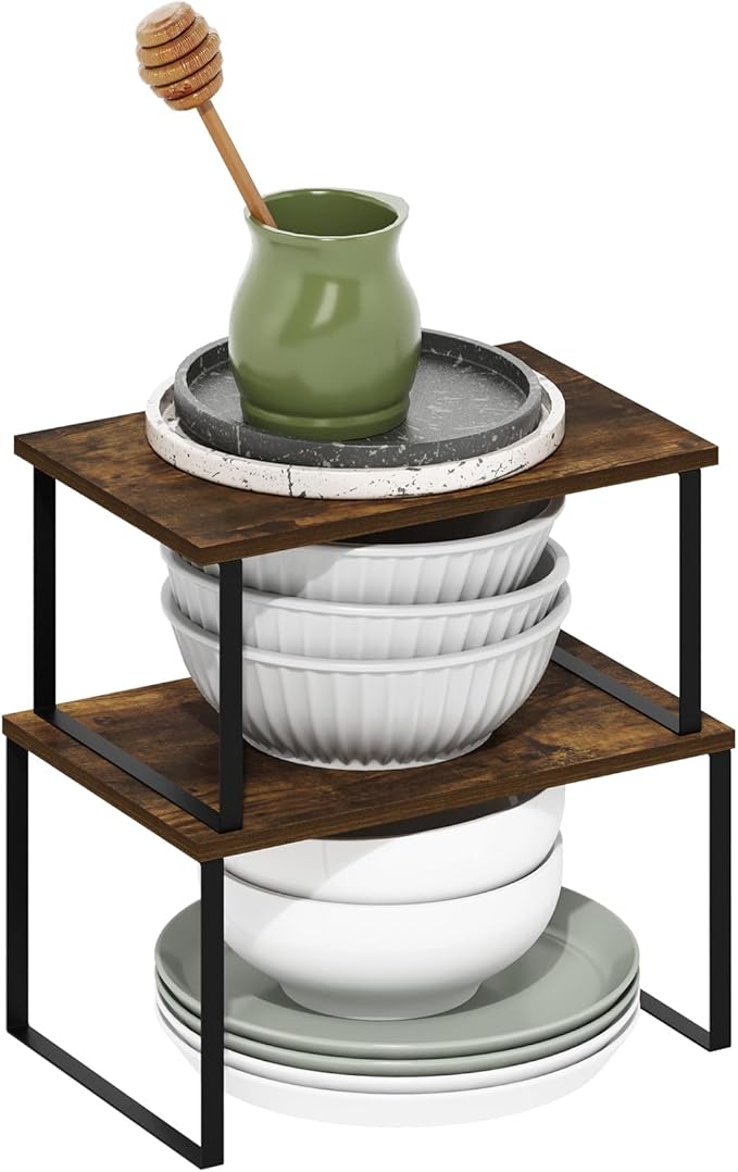Furinno RAVEL Kitchen Countertop Organizer Set of 2, Counter Shelves, Kitchen Storage, Expandable, Stackable, Spice Rack, for Kitchen, Pantry, Coffee Bar, Amber Pine