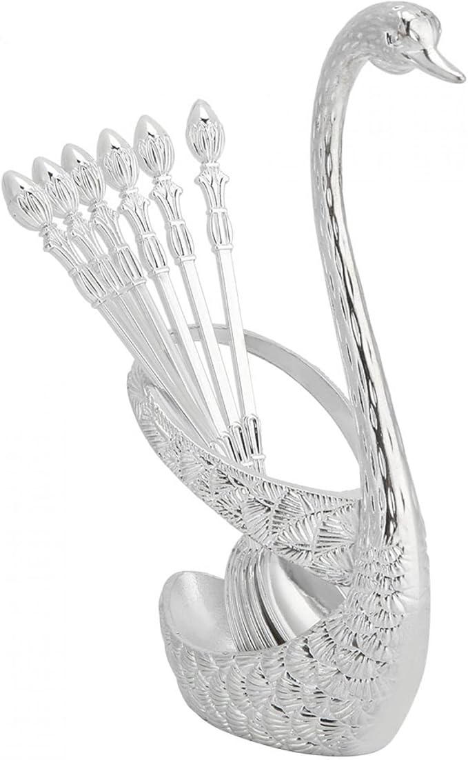 Holder Tableware Storage Stainless Steel Spoon Tableware Kit with Zinc Alloy Swan Shape Holder Storage Organizer (Silver)
