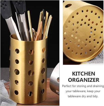 NERDOH Stainless Steel Kitchen Utensil Holder Chopstick Cutlery Holder Stand Spoon Fork Organizer Drying Rack Caddy Basket for Tableware Cooking Utensils Gold