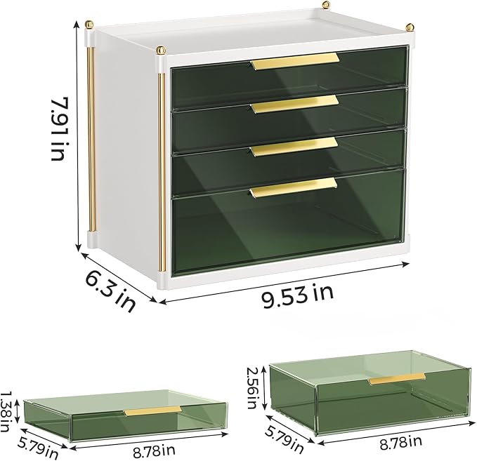Aveniee 4 Drawers Makeup Organizer- Bathroom Organizers and Storage, Plastic Bins Countertop Perfume Vanity Desk Organization for Cosmetic, Skincare, Face Mask, Jewelry, Green
