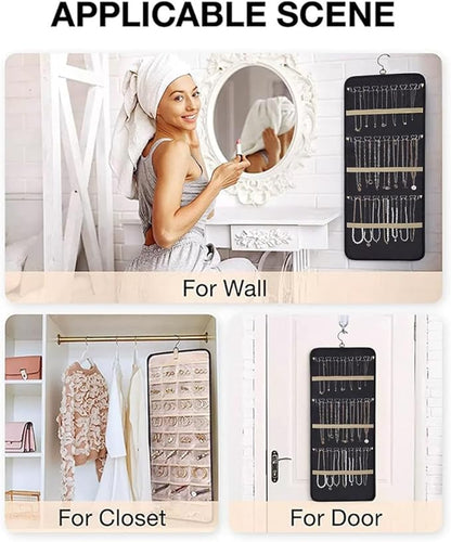 48 Pocket Oxford Fabric Double Sided Hanging Rotating Jewelry Organizer with Hanger Hooks for Earrings, Necklaces, Rings, Bracelets and Other Jewelry Storage