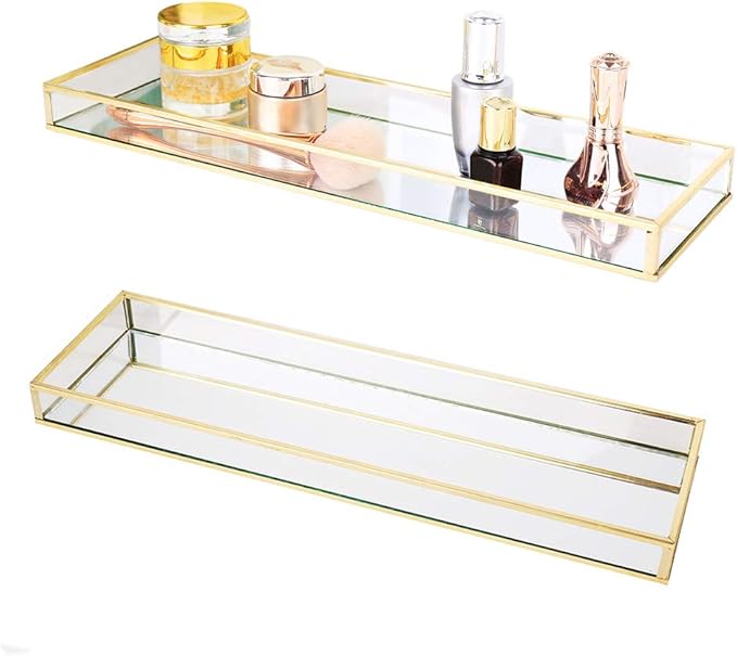 Affogato Sink Vanity Tray Mirror Bathroom Storage Tray, Toilet Tank Organizer, Bathtub Tray, Toothbrush Makeup Cosmetic Holder for Bathroom Vanity Countertops, Closets, Dressers (1Pc, Gold)