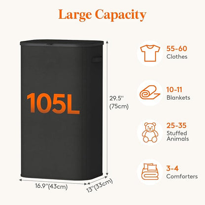 Lifewit 105L Large Laundry Basket with Lid, Laundry Hamper with Plastic Handles and Removable Bag, Foldable Tall Dirty Clothes Hampers for Laundry for Laundry Room, Bedroom, Bathroom, Dorm, Black