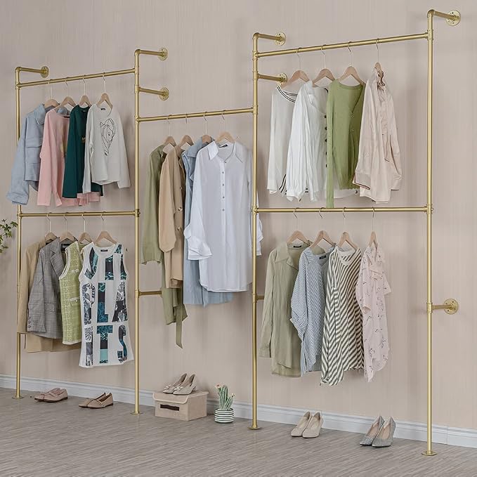 Industrial Pipe Clothing Rack Wall Mounted 5 Hanging Rods Garment Bar, Heavy Duty Closet Storage Rod Vintage Commercial Clothes Racks for Hallway Retail Boutique (Gold)