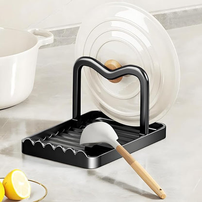 Spoon Rest with Lid Holder, Stainless Steel Lid Holder While Cooking & Organizer with Detachable Drain Tray, Anti-Rust Countertop Space Saver for Spoons, Spatulas (Black)