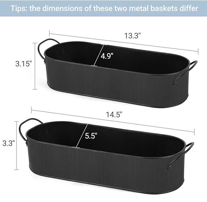 Mkono Metal Storage Basket for Toilet Tank Top Bathroom Decor, Galvanized Tray with Handle for Shelves, Farmhouse Toilet Paper Holder Organizing Bin Box for Countertop Living Room, Set of 2, Black
