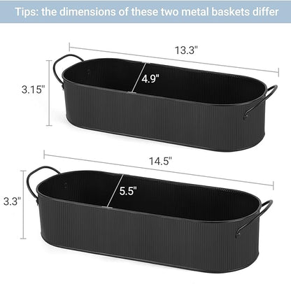Mkono Metal Storage Basket for Toilet Tank Top Bathroom Decor, Galvanized Tray with Handle for Shelves, Farmhouse Toilet Paper Holder Organizing Bin Box for Countertop Living Room, Set of 2, Black