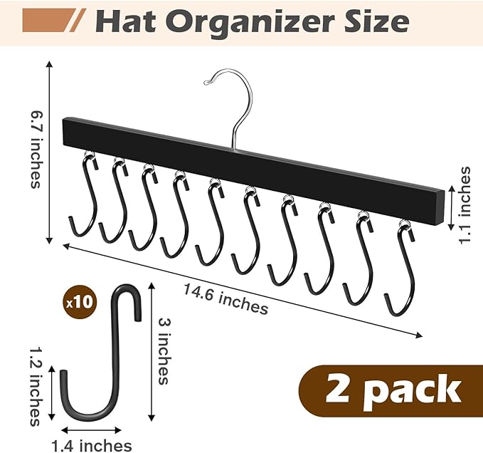 2 Pack Hat Organizer for Baseball Caps, 360 Degree Rotating Hat Storage for Baseball Caps Organizer with 10 Stainless Steel Hooks, Wooden Hanging Closet Organizer