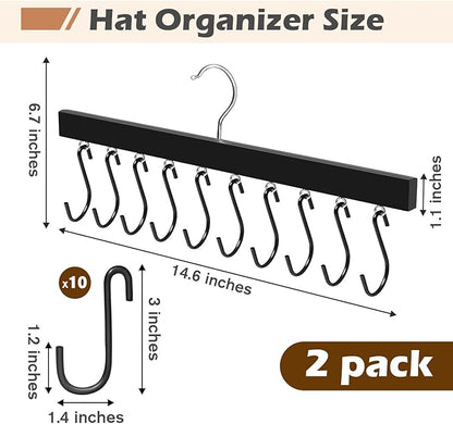 2 Pack Hat Organizer for Baseball Caps, 360 Degree Rotating Hat Storage for Baseball Caps Organizer with 10 Stainless Steel Hooks, Wooden Hanging Closet Organizer