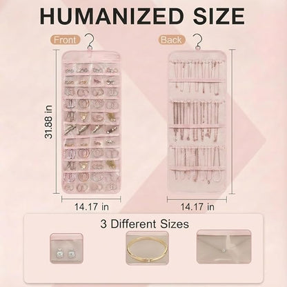 Hanging Jewelry Organizer, Dual-Sided Necklace Holder with Multiple Clear Pockets - Wall Mount & Over The Door Closet Storage for Earrings, Rings, Bracelets - 360° Rotating Hanger (1, pink, XL)
